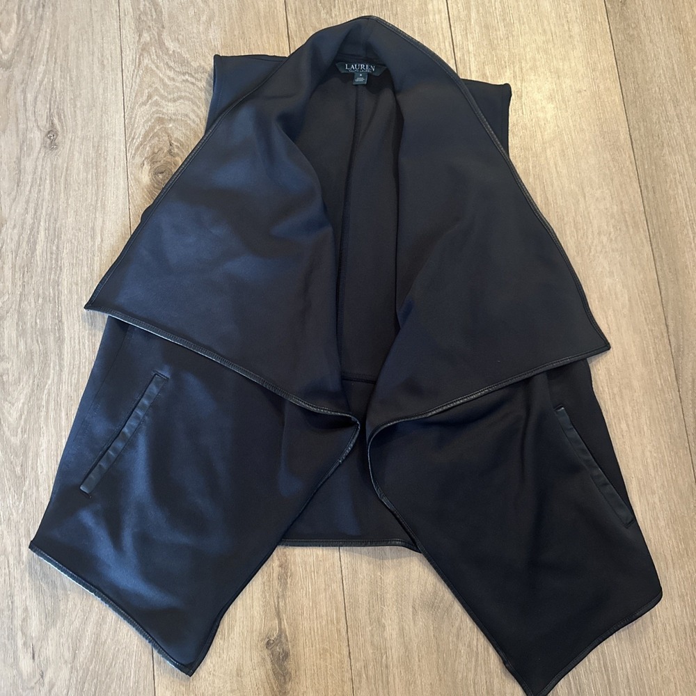 Lauren Ralph Lauren Black Drape Front Vest Faux Leather Trim Scuba Knit Womens S
